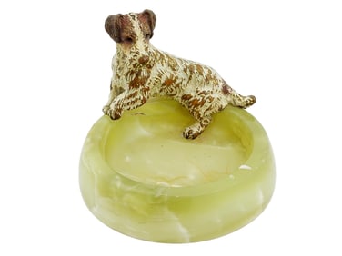 AUSTRIAN ONYX ASHTRAY WITH BRONZE DOG FIGURINE