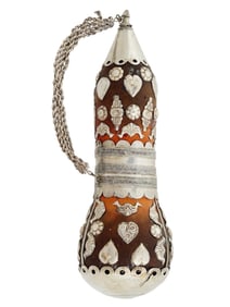 ANTIQUE SILVER MOUNTED POWDER 19TH TURKISH OTTOMAN FLASK