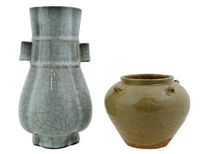 LOT OF TWO ANTIQUE CHINESE GLAZED CERAMIC VASES: The first: an ancient Chinese green glazed ceramic pot of bulbous shape with four decorative hook form handles on the top. Circa: 12th century. The second: a 19th century Chinese celadon glazed porcel