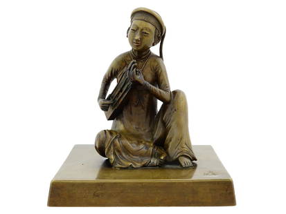 CHINESE PATINATED BRONZE FIGURE OF MUSICIAN SIGNED: A Chinese gold patinated bronze sculpture. The sculpture depicts a seated musician figure. Mounted on a rectangular shaped bronze base. Signed with casting Calligraphy, on the base. Asian and Oriental