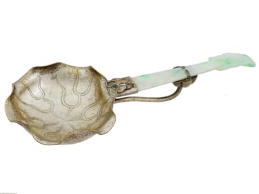 CHINESE SILVER SERVING SPOON W CARVED JADE HANDLE