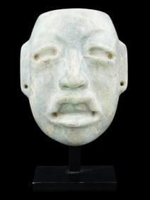 ANCIENT PRE COLUMBIAN OLMEC JADE MASK W STAND