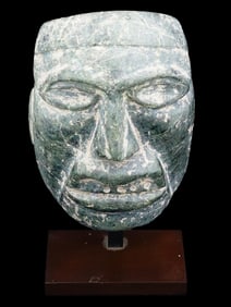 ANCIENT PRE COLUMBIAN MESOAMERICAN JADE MASK W STAND