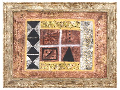 ABSTRACT INDIAN OIL PAINTING SIGNED J SWAMINATHAN: An oil painting on canvas depicting an abstract composition. Signed, J. Swaminathan, lower right. Framed. Probably a sketch painting, on the backside. Jagdish Swaminathan, Indian, 1928 to 1994, popula