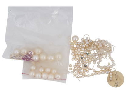 COLLECTION OF NATURAL PEARL BEADS FOR NECKLACE: A collection of natural pearl beads. Including a clear plastic bag containing a few strands of larger pearls. There are collection of pearl beads strung together. Vintage and Modern Natural Stones, Ne