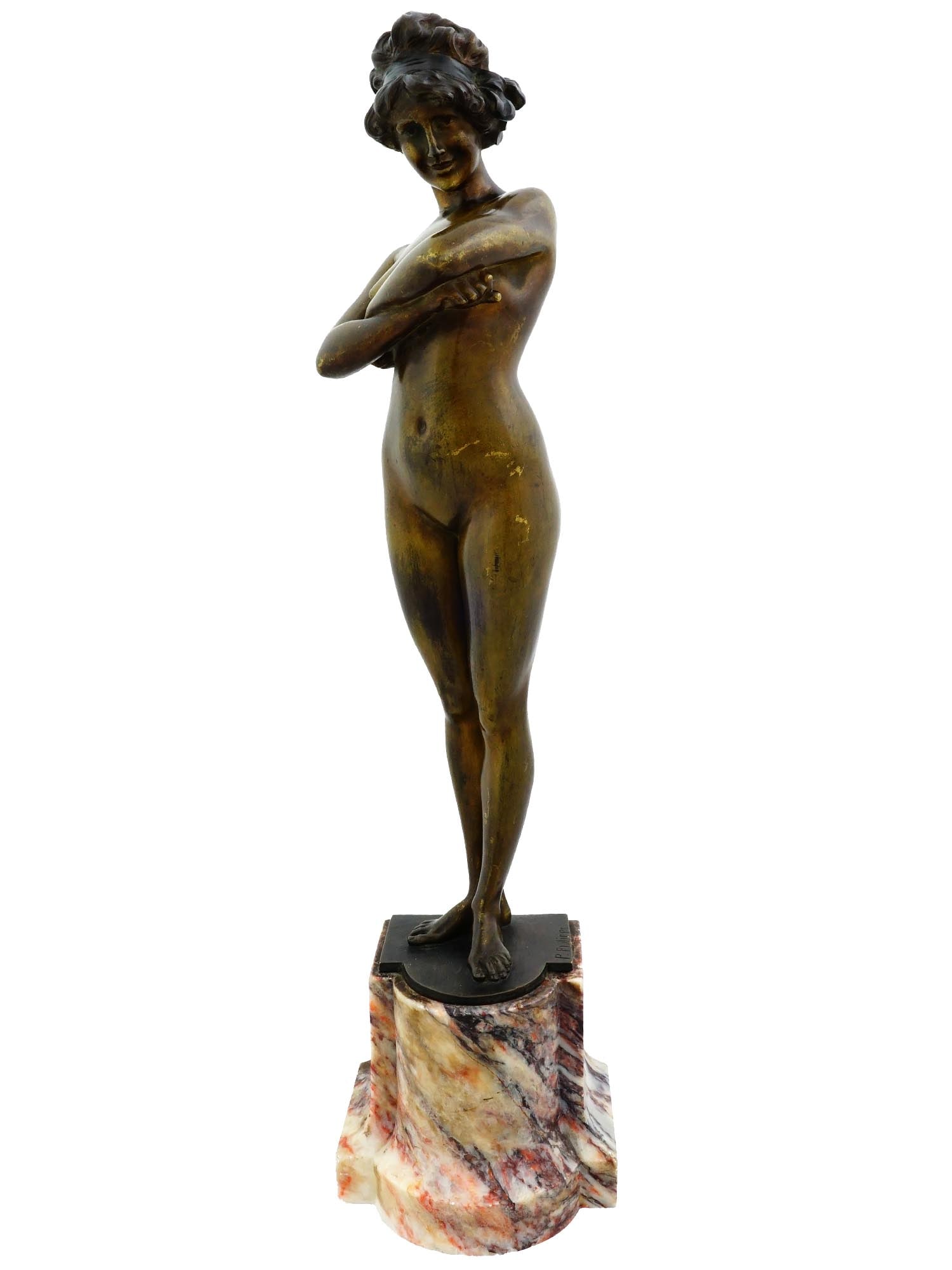 AFTER PAUL PHILIPPE FRENCH NUDE FEMALE SCULPTURE: After Paul Philippe, French, 1870 to 1930, a bronze sculpture entitled Le Challange, modelled as a nude young woman with arms crossed, and her face bearing a playful expression. The artists signature