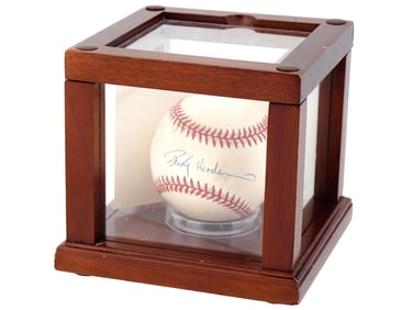 RICKY HENDERSON HAND SIGNED BASEBALL IN DISPLAY CASE
