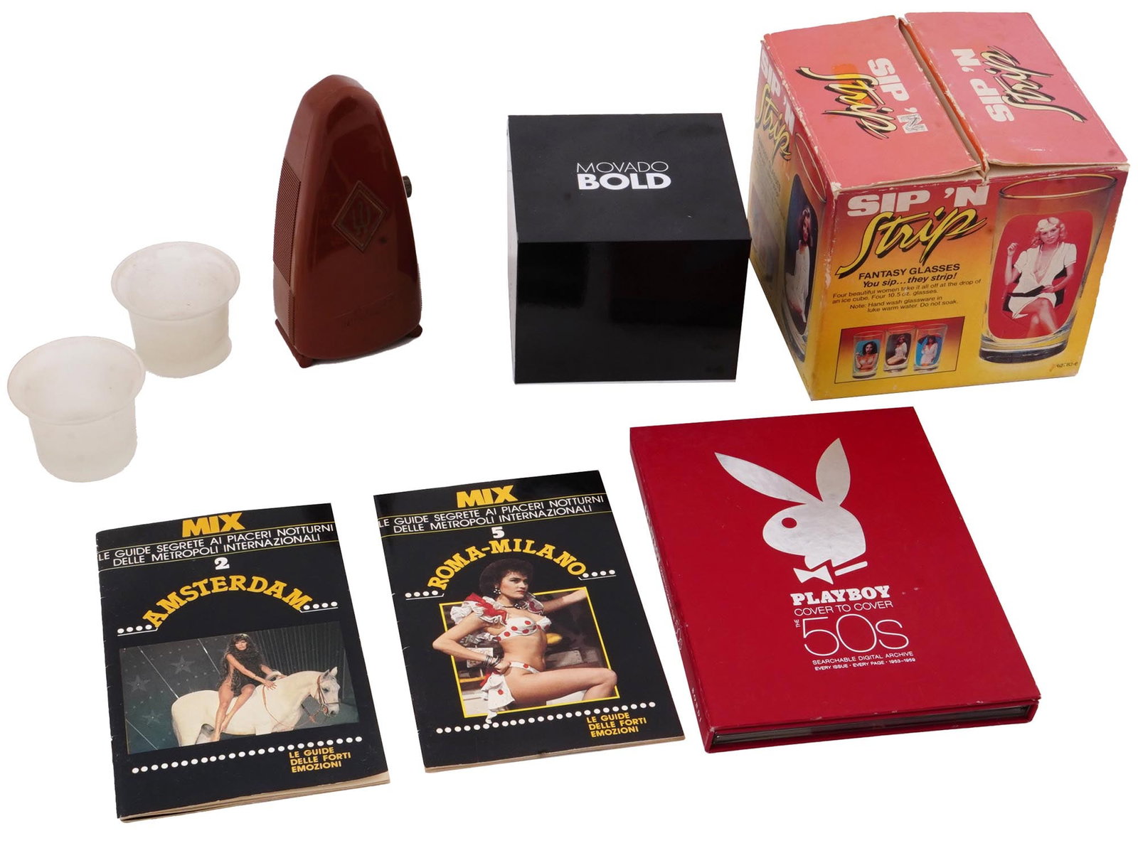 VINTAGE PLAYBOY DIGITAL EDITION AND MORE: A range of vintage intriguing items that offer a unique glimpse into various aspects of culture and lifestyle. A vintage Playboy Cover to Cover the 50s Special Digital Archive by Bondi. A Taktell metr