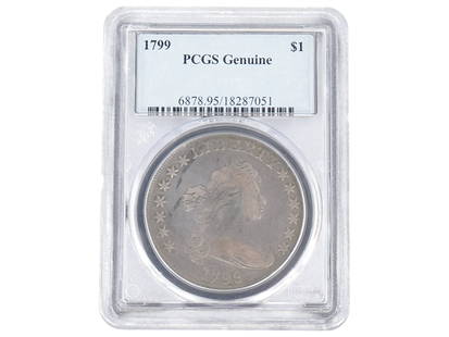1799 AMERICAN SILVER DRAPED BUST ONE DOLLAR COIN: An antique American silver coin. 1799 One Dollar, also known as the Draped Bust Dollar. The obverse depicts a bust of Liberty. The reverse features the American Eagle and motto E Pluribus Unum, United