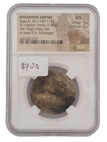 BYZANTINE EMPIRE ISAAC II ANGELOS ASPRON TRACHY COIN