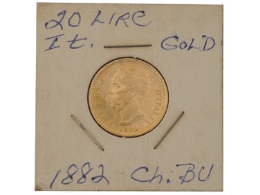 1882 ANTIQUE ITALIAN KING TWENTY LIRE GOLD COIN