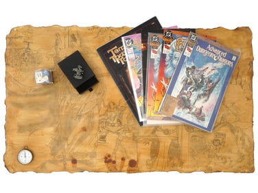 D&D GAME W DICE, VTG ORIGINAL DRAWING AND COMICS