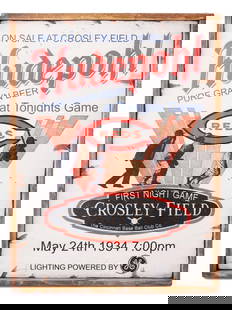 HUDEPOHL BEER AT CROSLEY FIELD SIGN ON WOOD BOARD: An American Hudepohl Beer at Crosley Field advertising sign printed on wooden board. Inscribed, Hudepohl Pure Grain Beer at Tonights Game on Sale at Crosley Field. The print depicts players. Marked in