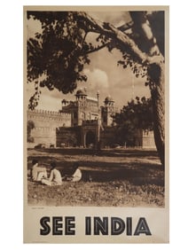 VINTAGE BRITISH TRAVEL POSTER SEE INDIA FORT OF DELHI