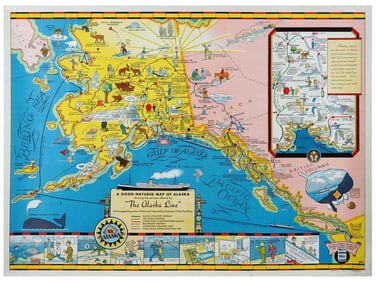 VINTAGE AMERICAN POSTER A GOOD NATURED MAP OF ALASKA