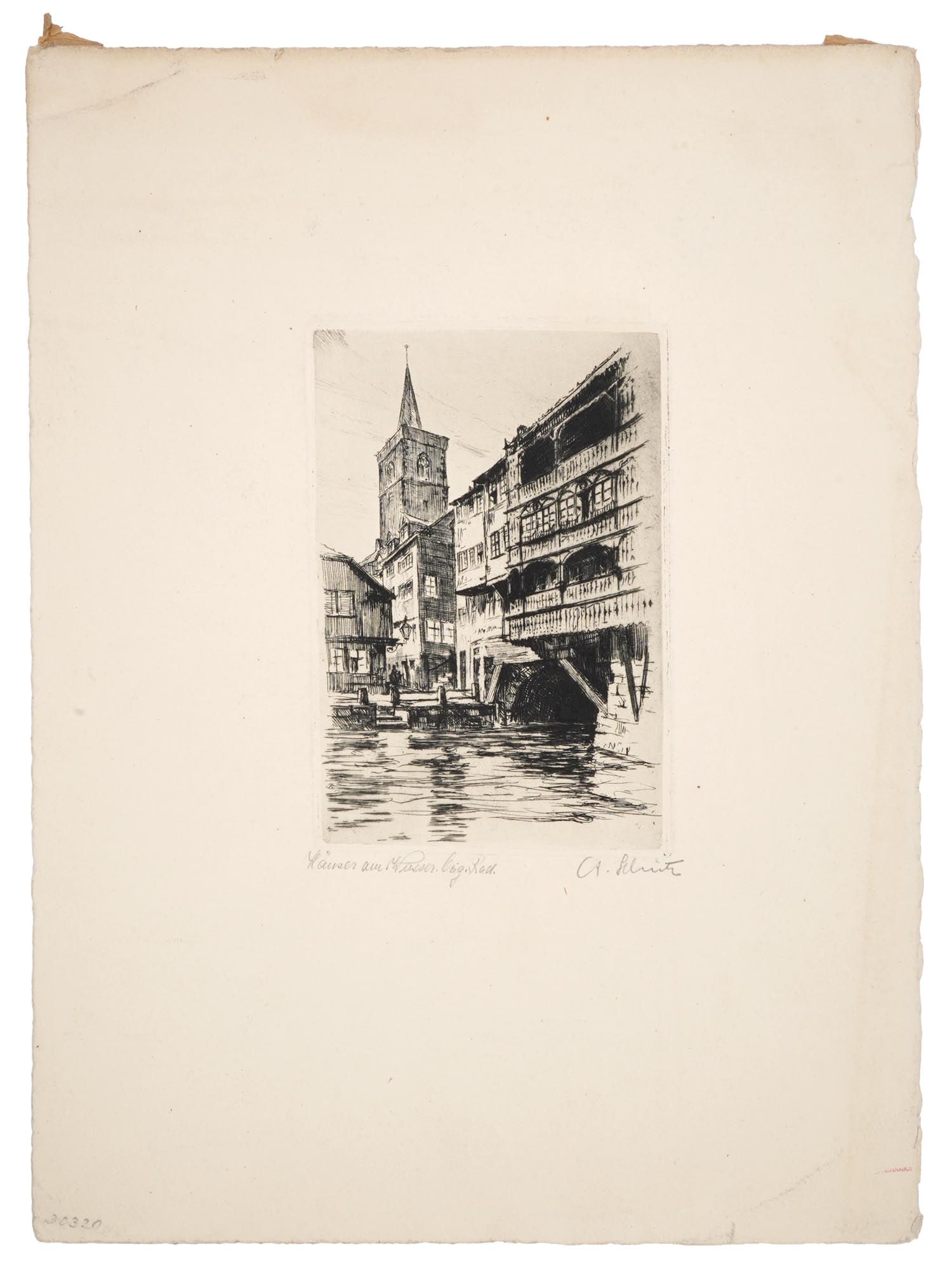 ANTON SCHUTZ EUROPEAN CITYSCAPE VIEW ETCHING: Etching on paper by Anton Schutz, 1894 to 1977, an American artist of German descent. The artwork depicts a European cityscape view with a bridge. Ca. late 1920s. Signed by the artist in pencil in the