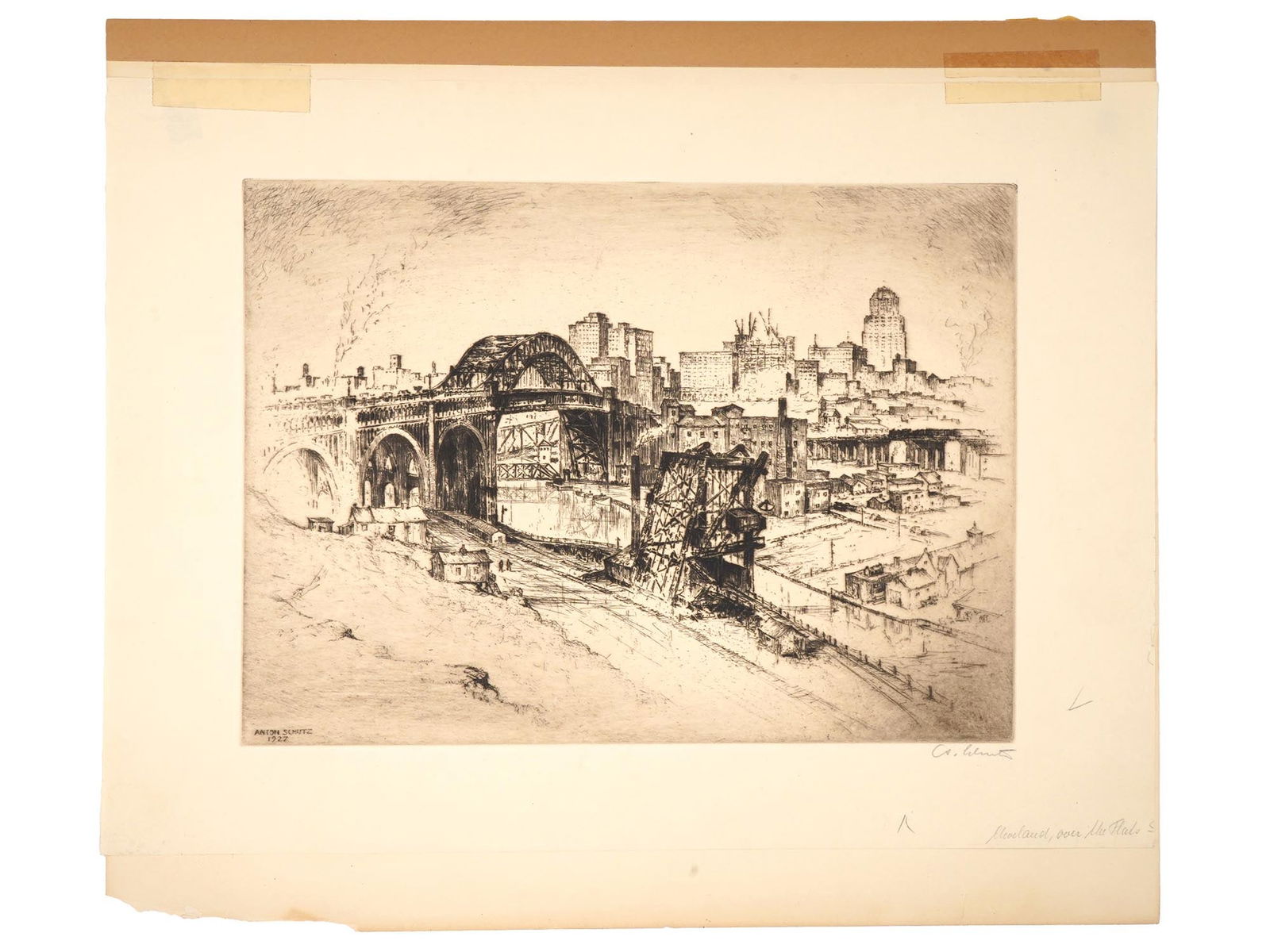 ANTON SCHUTZ AMERICAN CITYSCAPE W BRIDGE ETCHING 1927: Etching on paper by Anton Schutz, 1894 to 1977, an American artist of German descent. The artwork depicts an American cityscape with bridge construction, 1927. Signed by the artist in pencil in the lo