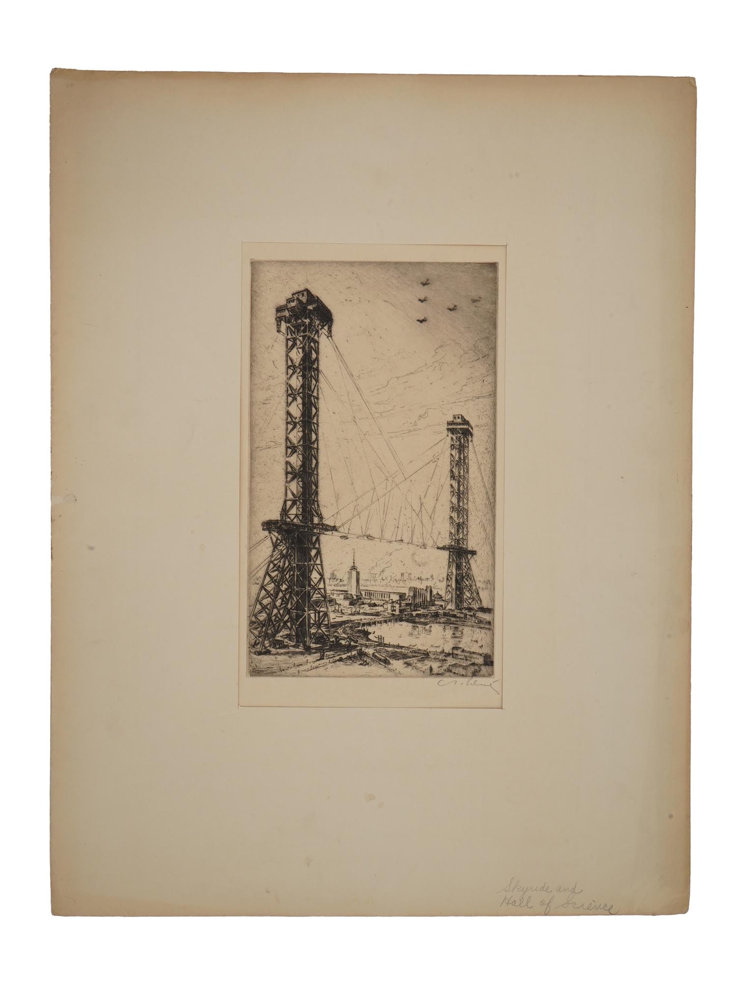 ANTON SCHUTZ AMERICAN CITYSCAPE ETCHING: Etching on paper by Anton Schutz, 1894 to 1977, an American artist of German descent. The artwork depicts a view of George Washington Bridge in construction. Ca. late 1920s. Signed by the artist in pe