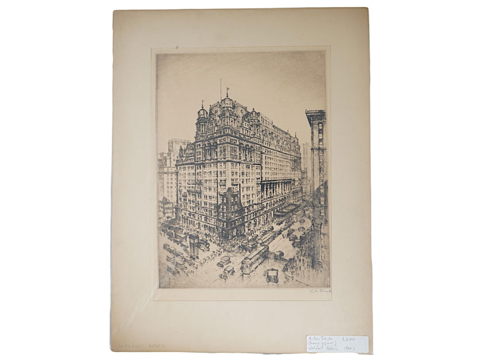 ETCHING ON PAPER BY ANTON SCHUTZ WALDORF ASTORIA HOTEL: An etching on paper by Anton Schutz, American, 1894 to 1977, depicting a view of the Waldorf-Astoria Hotel, rendered with architectural precision and the atmospheric charm characteristic of Schutzs ur