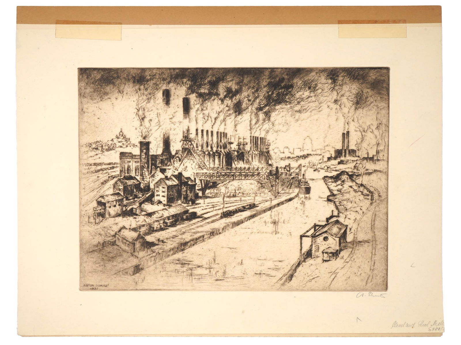 ANTON SCHUTZ AMERICAN CITYSCAPE W BRIDGE ETCHING 1927: Etching on paper by Anton Schutz, 1894 to 1977, an American artist of German descent. The artwork depicts an American cityscape view with a Clark Avenue Bridge construction, 1927. Signed by the artist