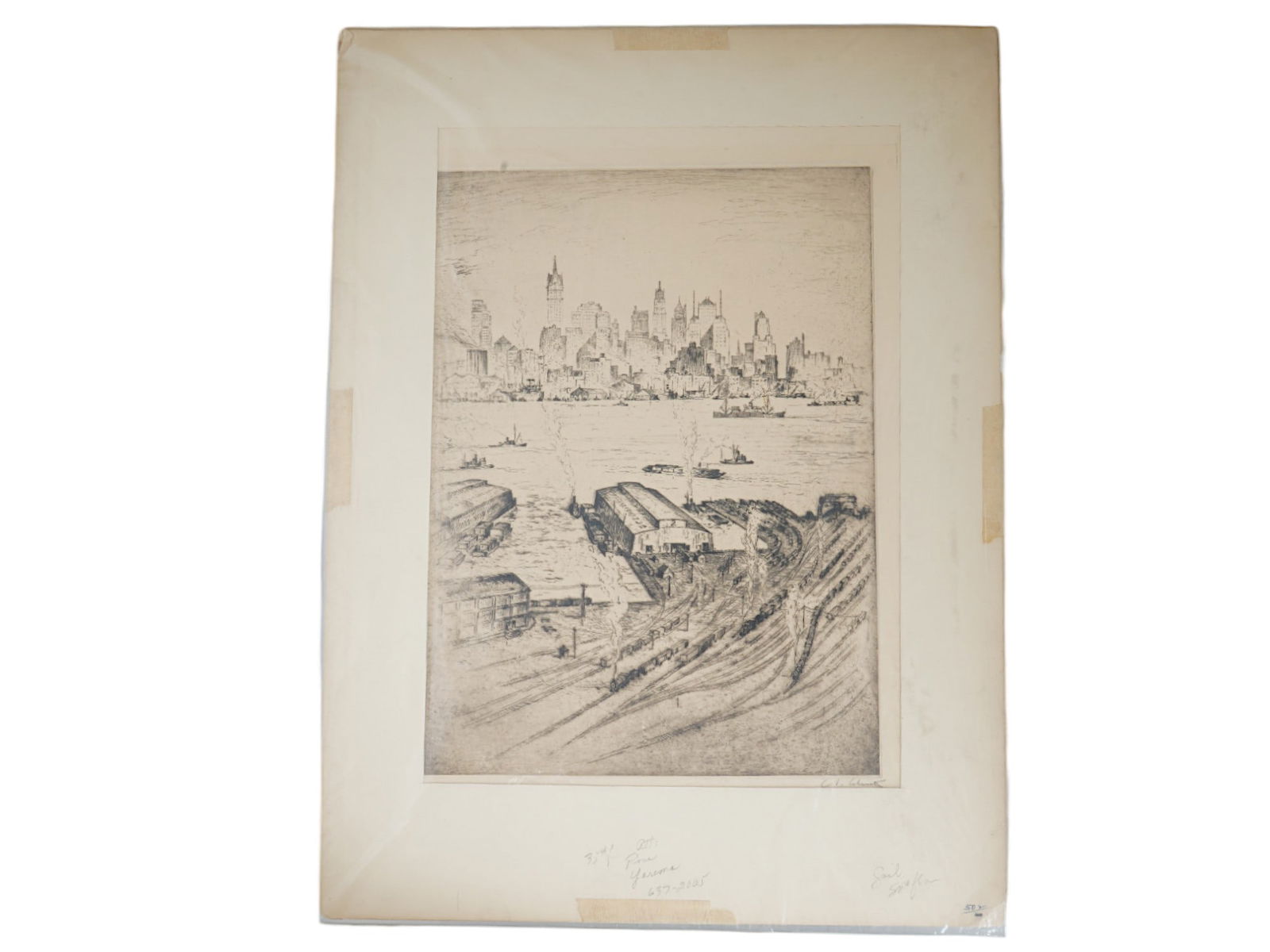 ETCHING ON PAPER BY ANTON SCHUTZ NY FROM SMOKE CREEK: An etching on paper by Anton Schutz, American, 1894 to 1977, depicting a dynamic view of New York from Smoke Creek. Rendered with architectural precision and the atmospheric charm characteristic of Sc
