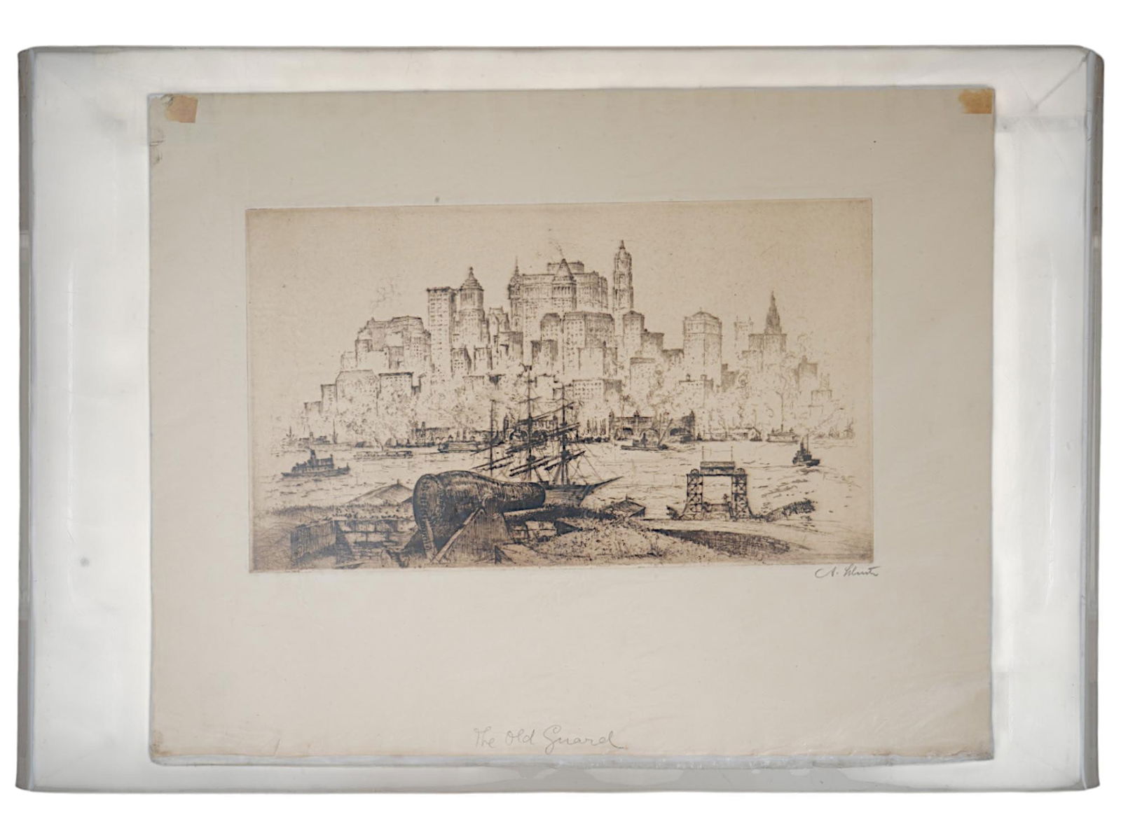 ETCHING ON PAPER BY ANTON SCHUTZ NEW YORK THE OLD GUARD: An etching on paper by Anton Schutz, American, 1894 to 1977, depicting a dynamic view of New York titled The Old Guard. Rendered with architectural precision and the atmospheric charm characteristic o