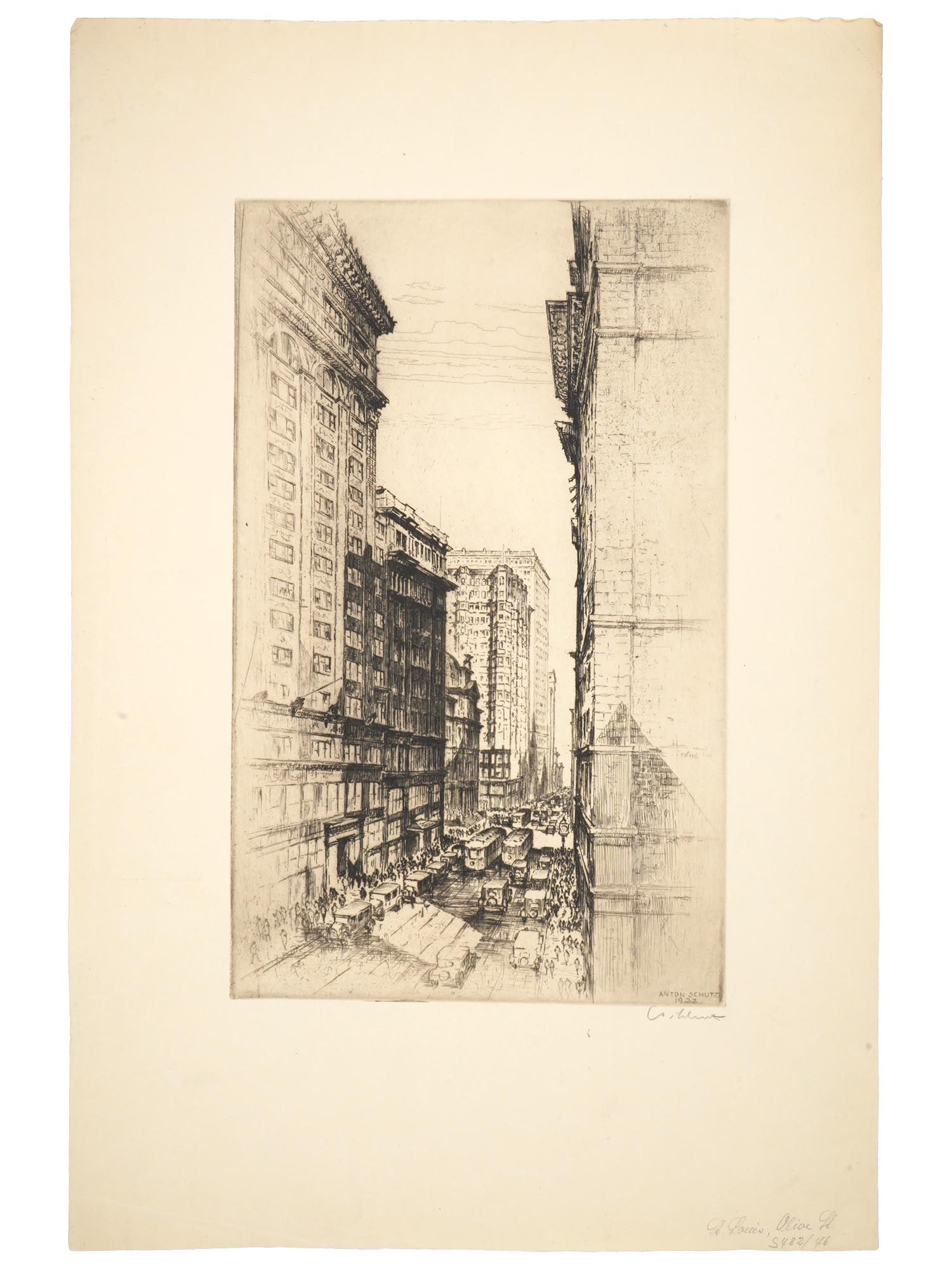 ANTON SCHUTZ CANYON OF OLIVE STREET ETCHING 1927: Etching on paper by Anton Schutz, 1894 to 1977, an American artist of German descent. The artwork depicts the Canyon of Olive Street, St. Louis, 1927. Signed and dated by the artist in pencil in the l
