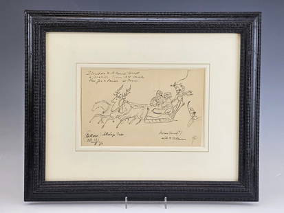 MSTISLAV DOBUZHINSKY RUSSIAN PAINTING INVITATION CARD: Mstislav Dobuzhinsky, Russian-Lithuanian, 1875 to 1957, a pencil and ink painting on paper depicting a sleigh pulled by a deer and two horses, conceived as a maquette for an invitation card during the