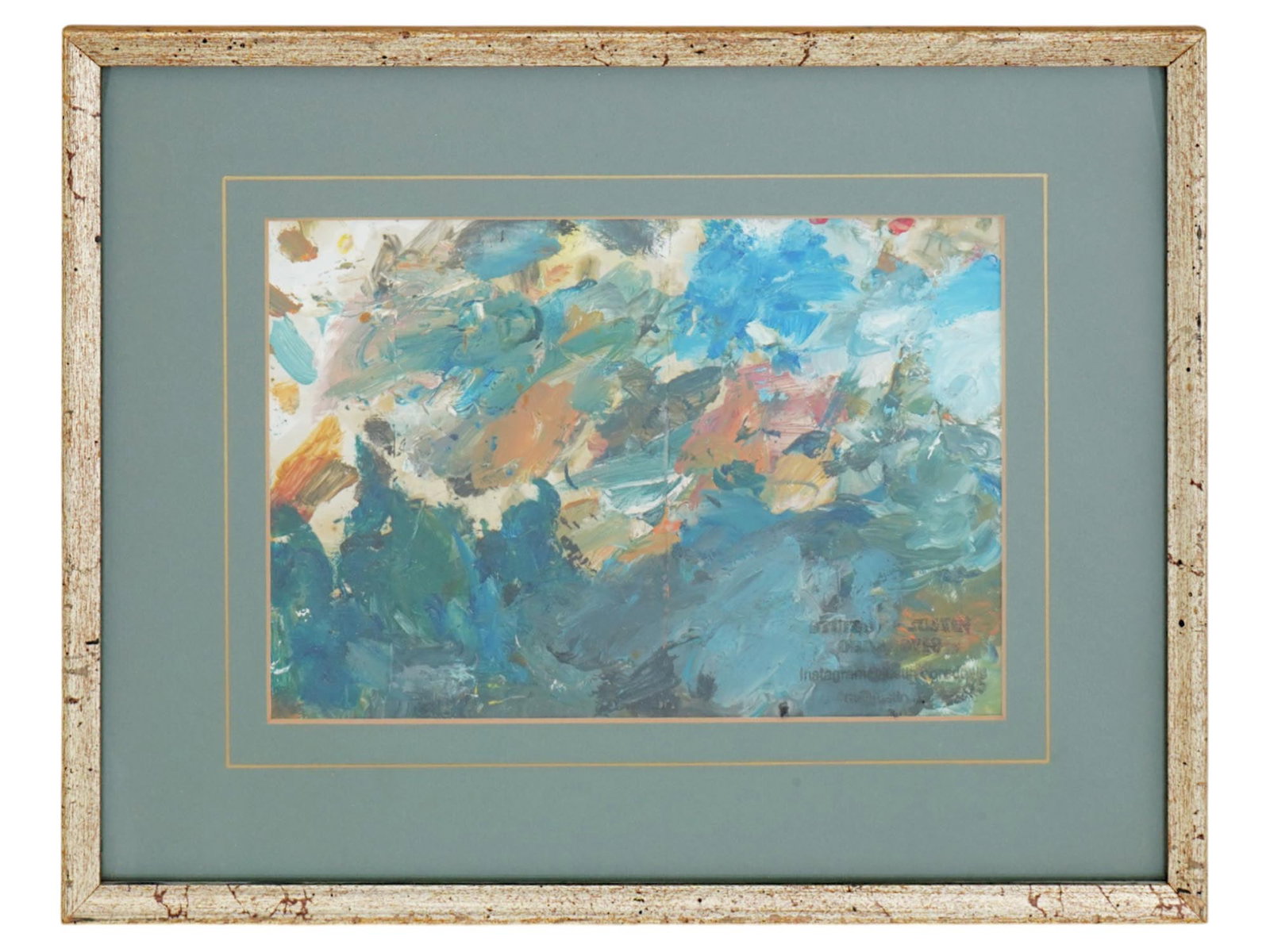 JUSTIN OBRADOVIC CANADIAN ABSTRACT OIL PAINTING: Oil on paper painting by Justin Obradovic, born 1989, a contemporary Canadian artist. Abstract composition in blue color palette. Signed by the artist, dated 2025, and titled Equifux on the backside. 
