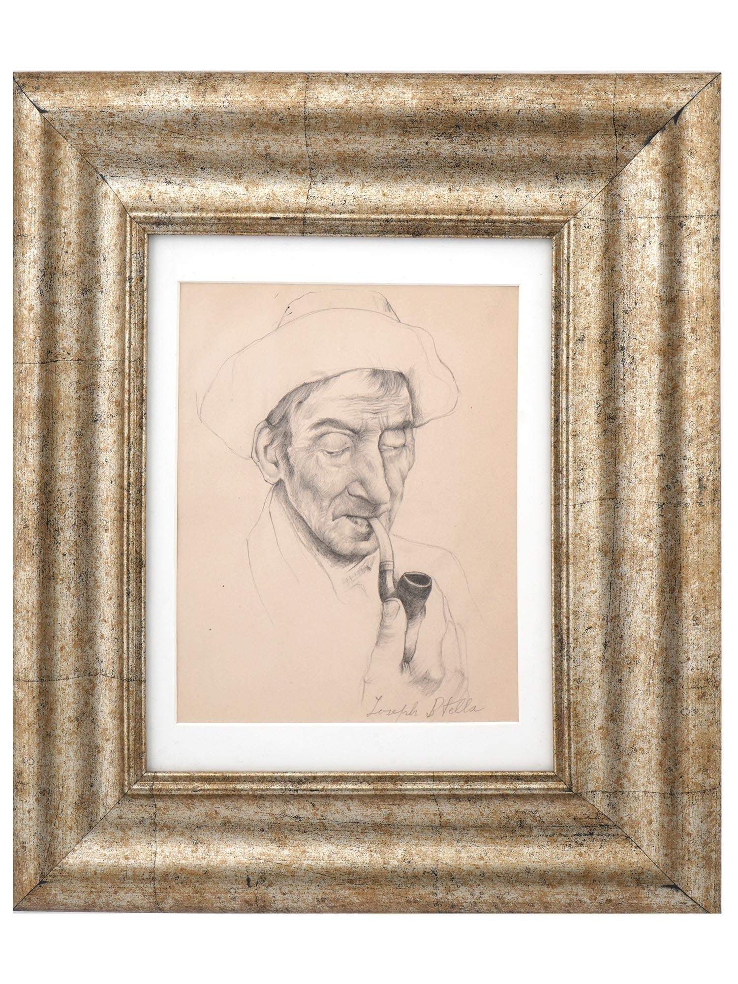AMERICAN PORTRAIT GRAPHITE PAINTING BY JOSEPH STELLA: Joseph Stella, 1877 to 1946, Italian born, American, graphite painting on paper depicting a portrait of a smoking man. Signed lower right. Framed. Joseph Stella was an Italian born American Futurist p