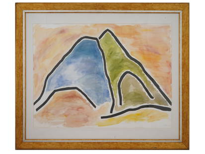 ABSTRACT WATERCOLOR PAINTING SIGNED ETEL ADNAN: A watercolor painting on paper depicting an abstract mountain landscape, 2015. Signed, Adnan, and dated, lower right. Framed. Etel Adnan was a Lebanese American poet, essayist, and visual artist. Adna