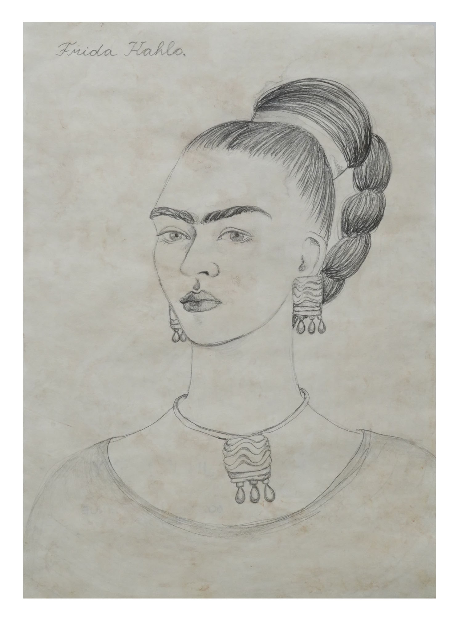 ATTR TO FRIDA KAHLO SELF PORTRAIT PENCIL PAINTING: Attributed to Frida Kahlo, American, Mexican, 1907 to 1954, pencil painting on paper, Self Portrait. Circa: 1935 to 1940. Signed upper left. Stamped with a gallery stamp, Julien Levy Gallery, New York