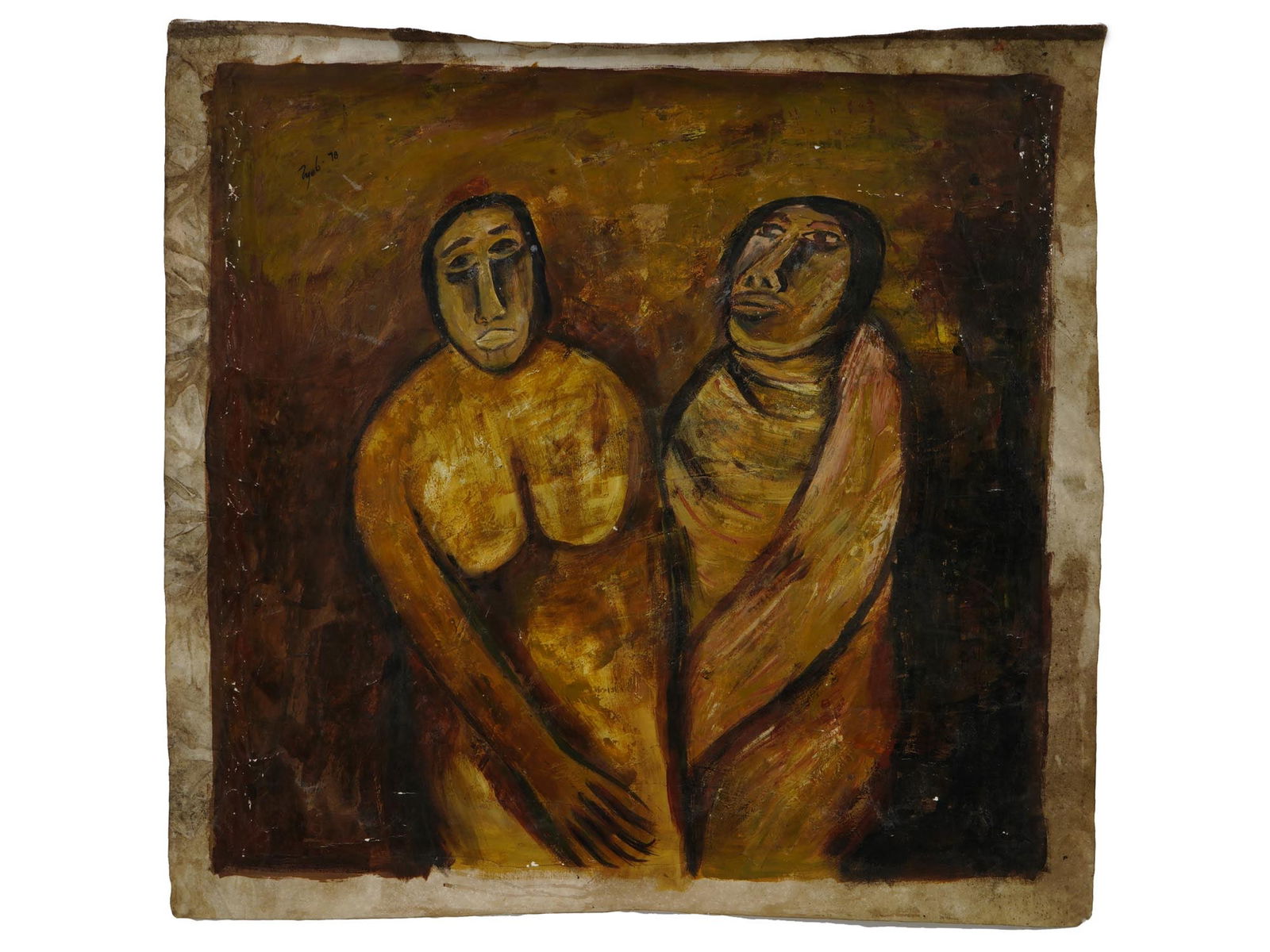 MID CENT INDIAN OIL PAINTING ATTR TYEB MEHTA W COA: Attributed to Tyeb Mehta, Indian, English, 1925 to 2009, oil painting on canvas depicting a double portrait of a nude couple, 1978. Signed and dated, upper left. Completed with a certificate of authen