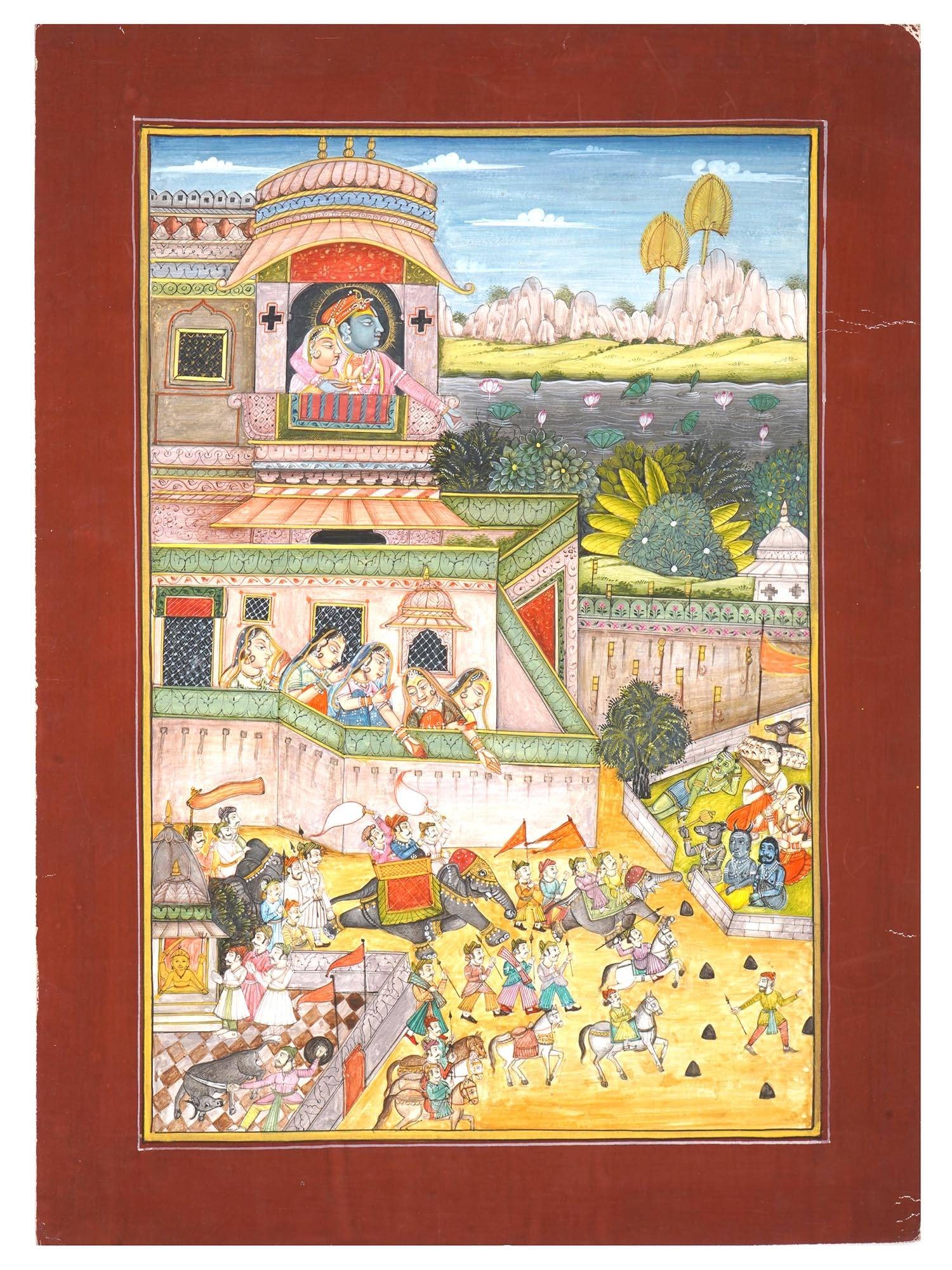 ANTIQUE INDIAN BUNDI SCHOOL MINIATURE PAINTING ASOJA: An antique Indian miniature painting from the Bundi School of the Rajasthani tradition, dating from the 18th to 19th century, executed in watercolor and ink on paper. This work represents the month of