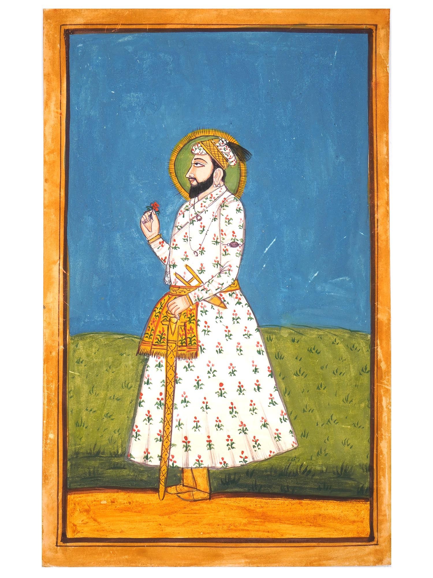 ANTIQUE INDIAN MUGHAL EMPIRE MINIATURE PAINTING: An antique Indian miniature painting from the late Mughal period, dating from the 18th to 19th century, executed in gouache and ink on paper. This portrait of Emperor Shah Jahan, renowned patron of th