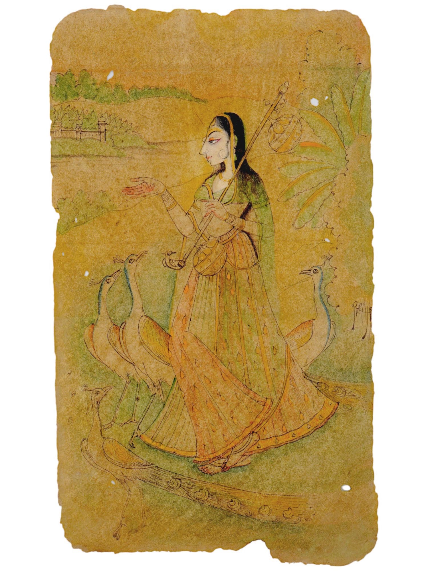 ANTIQUE INDIAN MUGHAL EMPIRE MINIATURE PAINTING: An antique Indian miniature painting. Late Mughal Empire period, 18th to 19th century. Watercolor and ink on paper. Kishangarh school, a Queen smoking hookah in the garden, surrounded by peacocks. Sta