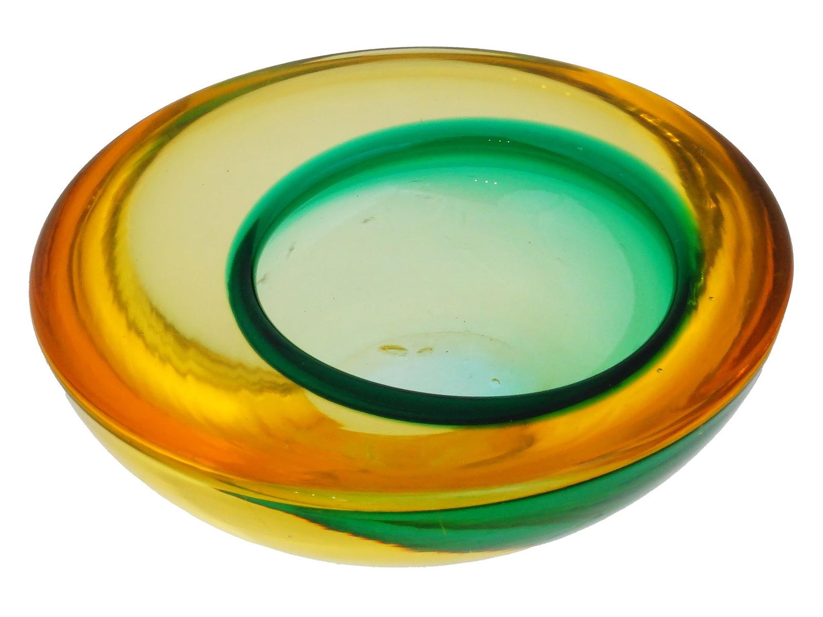 ITALIAN MURANO ART GLASS BOWL BY ANTONIO DA ROS: A vintage Italian Murano art glass bowl by Antonio da Ros. Circa 1960 to 1969. The finely crafted bowl is vibrant orange and green with a wide asymmetrical rim. Antonio Da Ros, 1936 to 2012, Italian g
