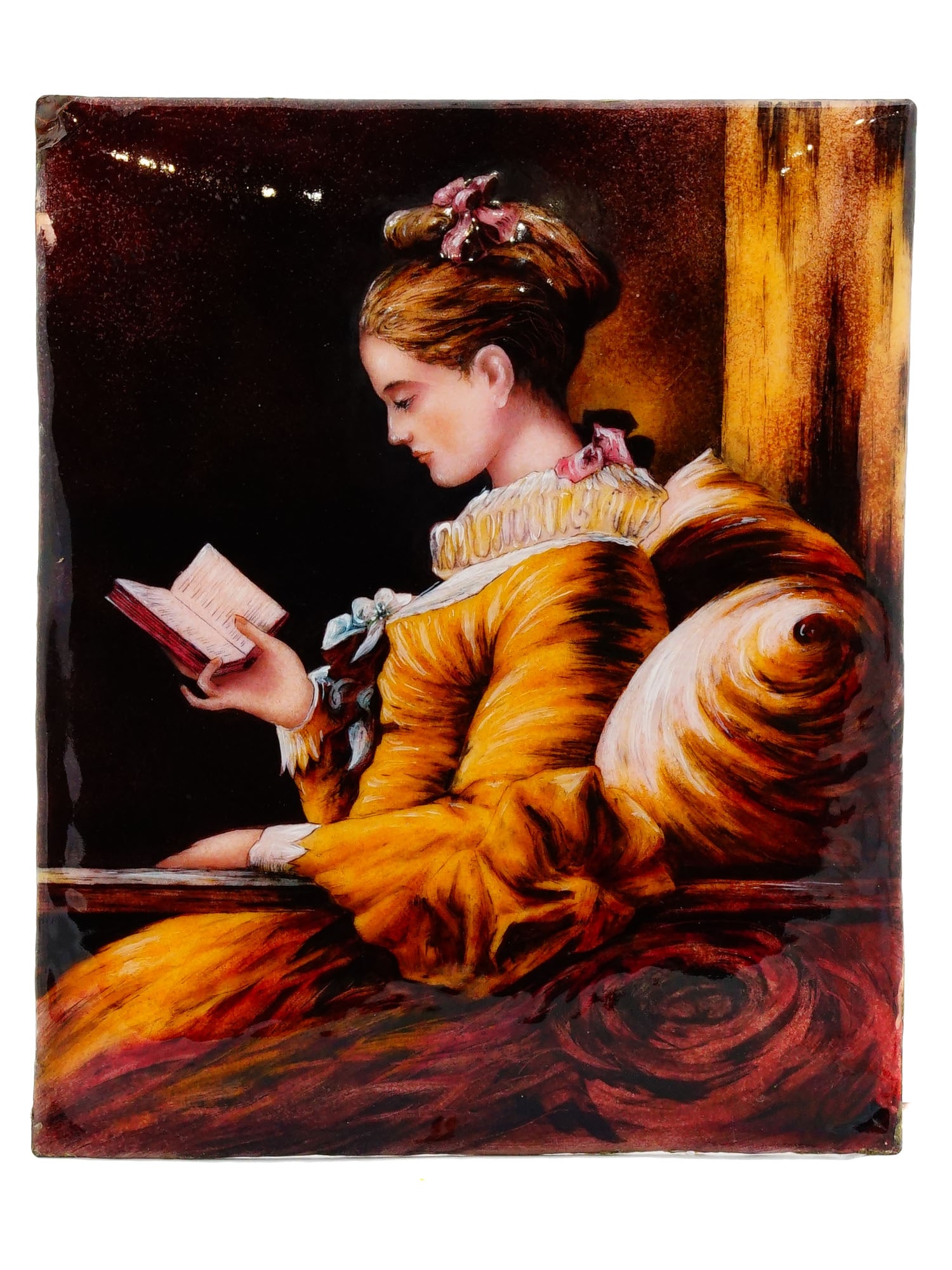 BRONZE ENAMEL PAINTING AFTER FRAGONARD GIRL READING (1 of 5)