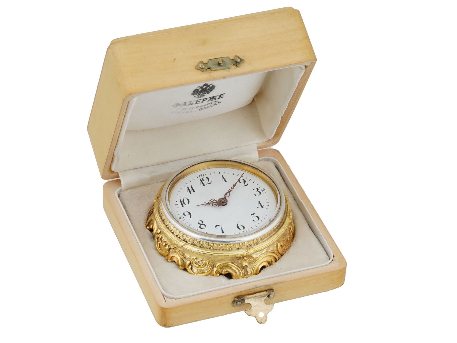 RUSSIAN GILT SILVER DESK CLOCK IN ORIGINAL BOX (1 of 6)