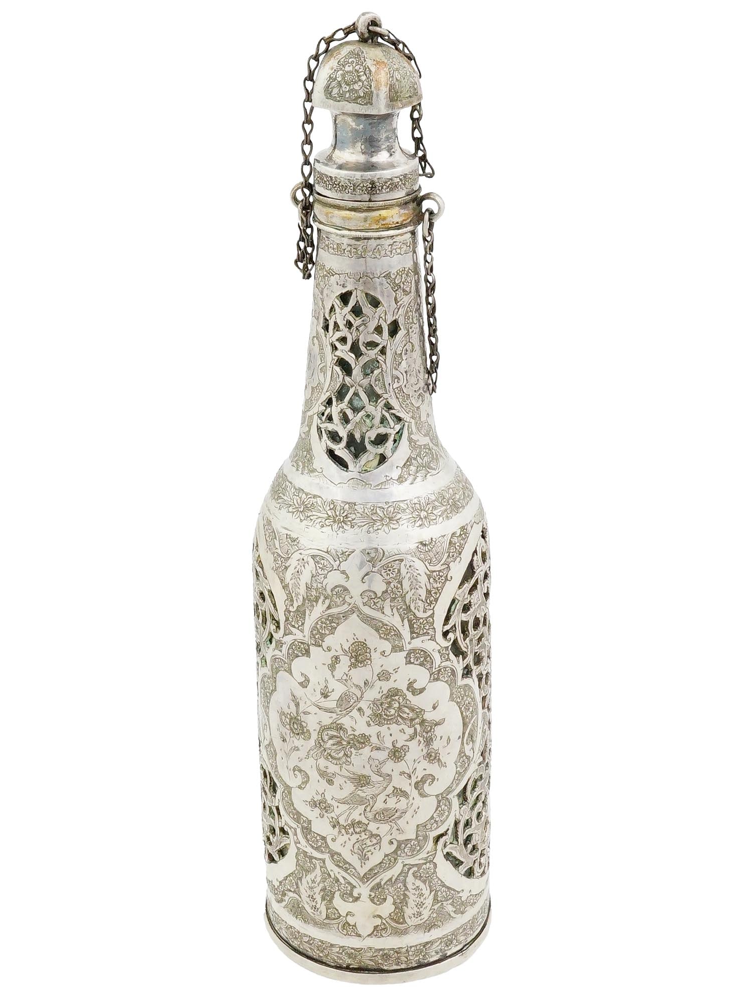 ANTIQUE PERSIAN ISFAHAN SILVER BOTTLE WITH GLASS BASE (1 of 10)