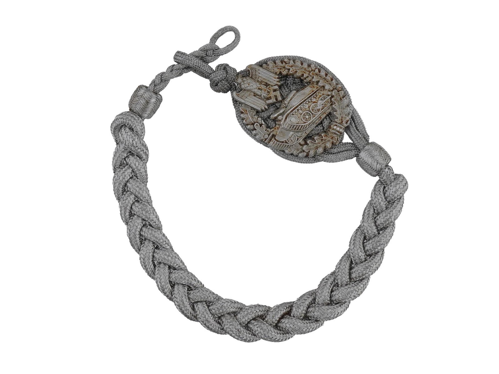 GERMAN WWII SCHUTZENSCHNUR MARKSMAN CORD F TANK CREWS: A German WWII ceremonial Schutzenschnur, marksman cord for excellent shooting for tank crews of the Wehrmacht. The tightly woven cord of silver tone thread with a tank badge in the center and the Nazi