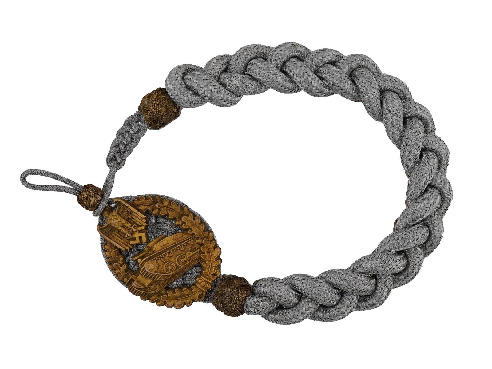 GERMAN WWII SCHUTZENSCHNUR MARKSMAN CORD F TANK CREWS: A German WWII ceremonial Schutzenschnur, marksman cord for excellent shooting for tank crews of the Wehrmacht. The tightly woven cord of silver and gold tone thread with a tank badge in the center and