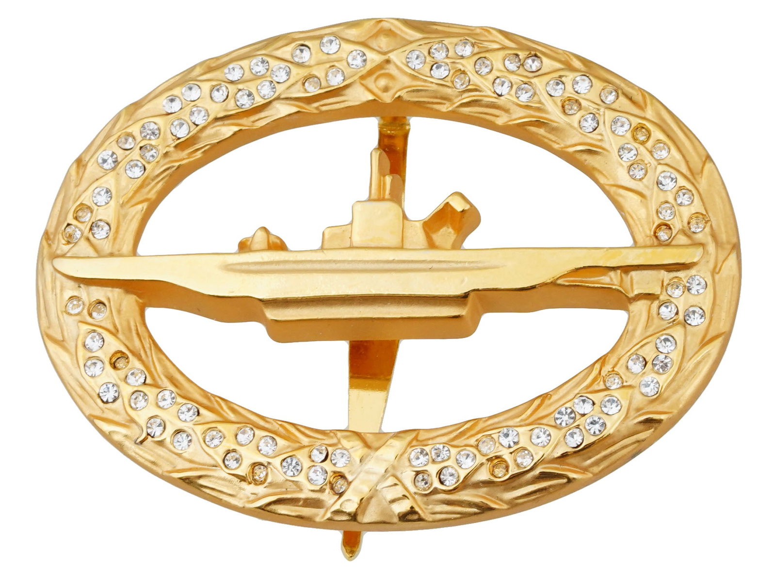 GERMAN WWII KRIEGSMARINE U BOAT BADGE WITH DIAMONDS: A World War II Nazi German type military decoration, Kriegsmarine U Boat badge. The item is gilt and garnished with round cut faux diamonds to the edge. Numbered, 41, on the backside. The U Boot Krieg