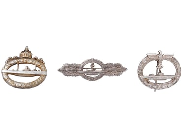 GROUP OF THREE GERMAN WWII  MODEL U BOAT BADGES