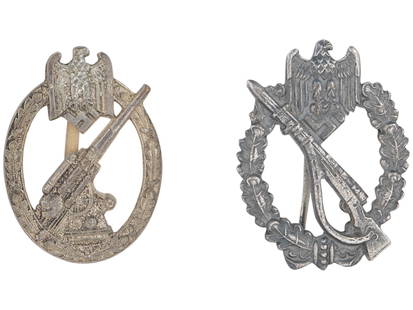 WWII GERMAN ANTI AIRCRAFT AND ASSAULT INFANTRY BADGES: A lot of two World War II Nazi German military decorations. The lot includes an Army Anti Aircraft badge and an Assault Infantry Badge. Both are openwork wreaths of oak leaves with weapons in the cent
