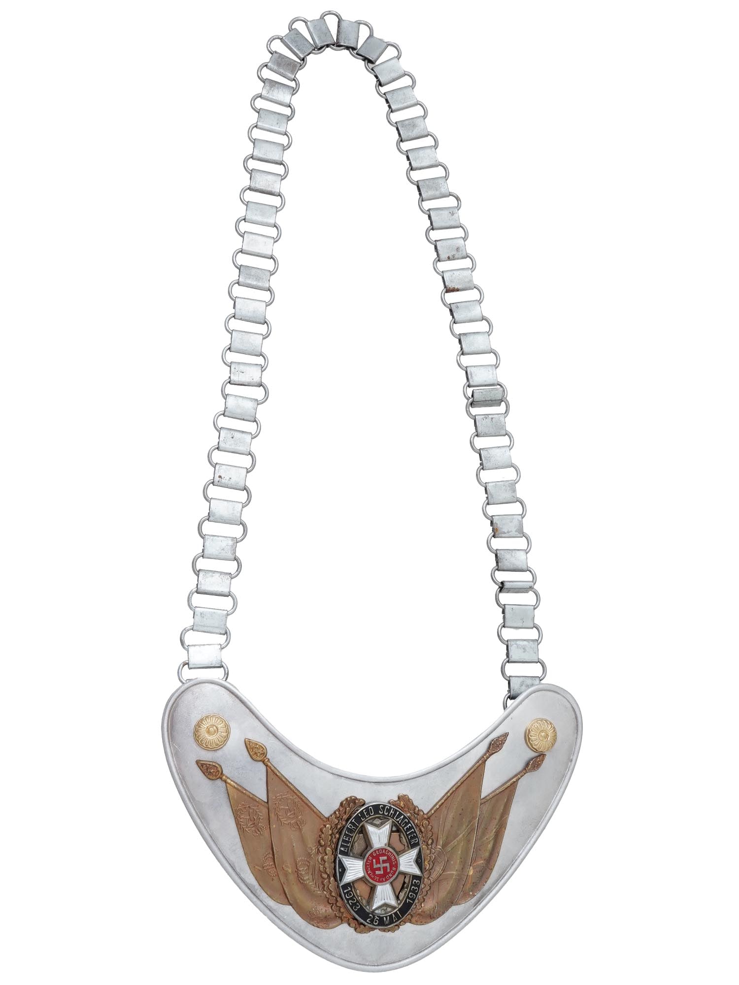 GERMAN WWII TYPE NS RKB VETERANS GORGET W CHAIN: A WWII type German Nazi NS RKB National War Veterans Organization gorget. The gorget is made of die stamped steel construction aluminum coated. White metal crescent with gilt relief floral bosses in t