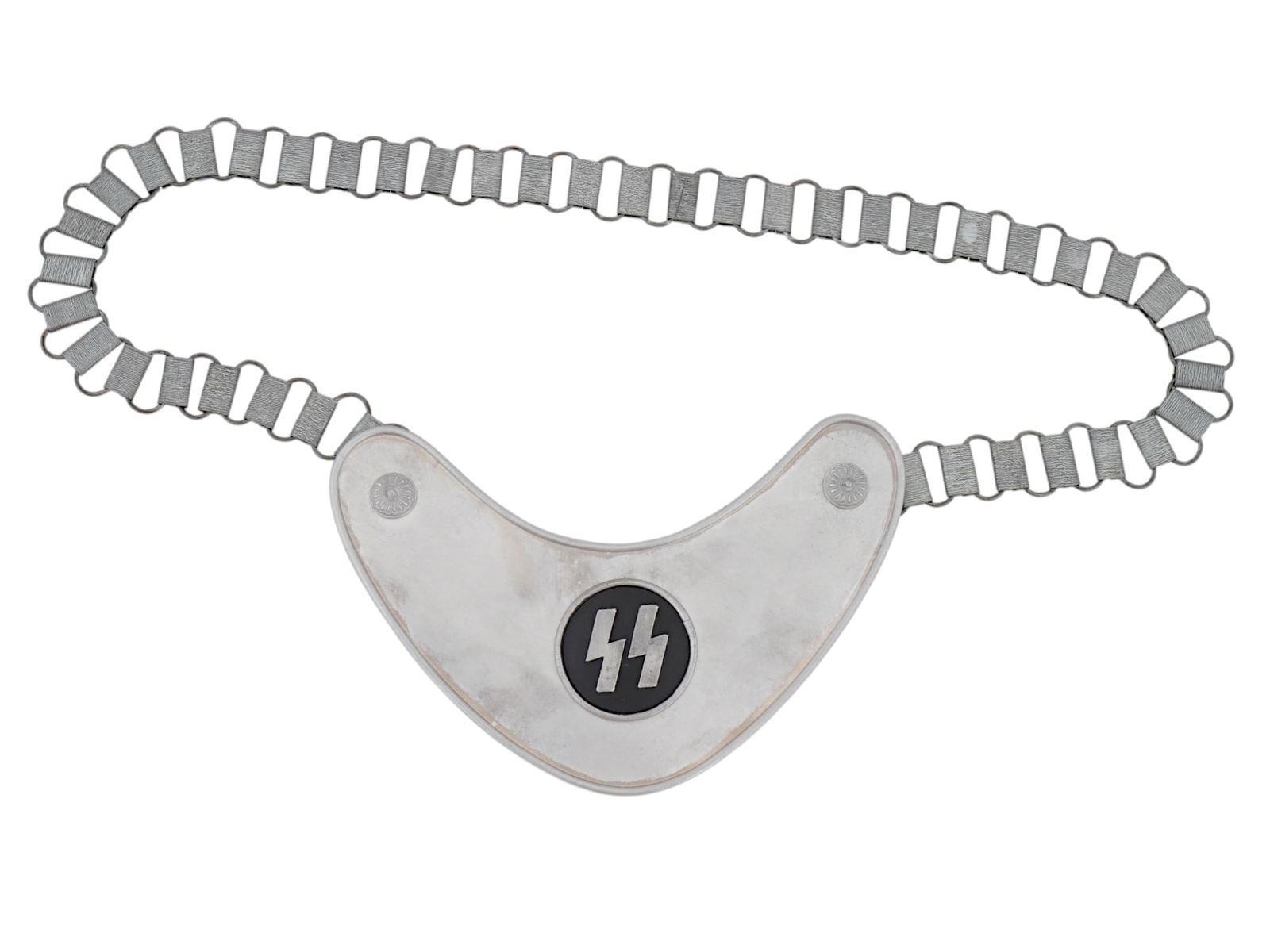 GERMAN WWII TYPE SS PATROL GORGET WITH CHAIN: A World War II type Nazi German military insignia, an SS patrol gorget with chain. The item bears black enameled SS runes. Marked DRGM on the backside. Second World War Historical Relics, Collectible