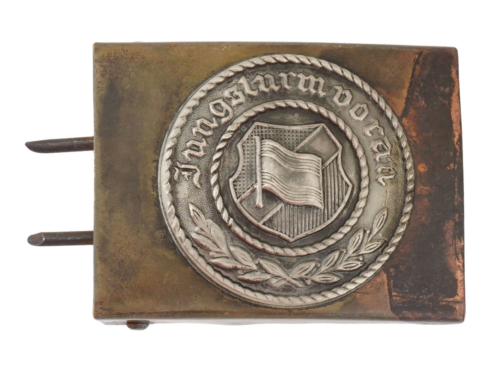 1920S MODEL GERMAN JUNGSTURM BELT BUCKLE: A Weimar Republic type German Youth Corps steel belt buckle. Flag, coat of arms, and motto Jungsturm voran. Unmarked. The Jungsturm was a German youth corps founded in 1897. Although it was aligned wi