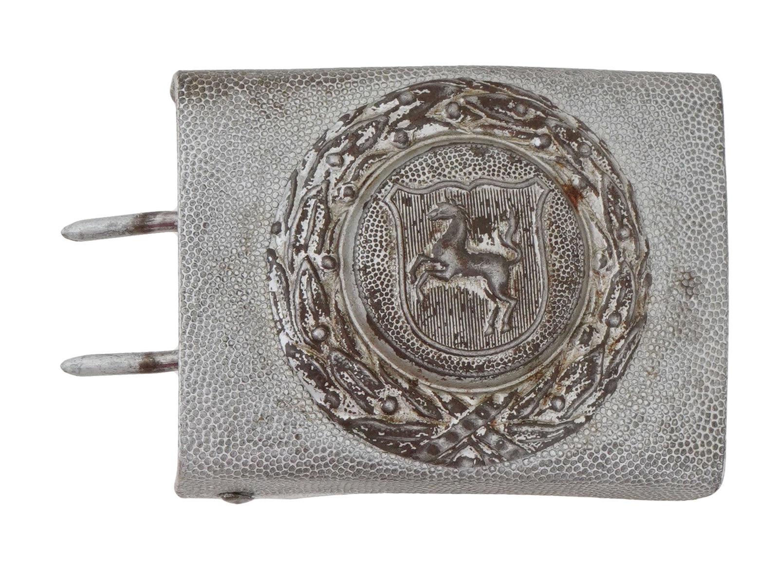 WWII NAZI GERMAN MODEL FIRE SERVICE BELT BUCKLE: A WWII Nazi German model belt buckle of a non commissioned officer of the Westphalian fire service. The buckle is adorned with a coat of arms with a horse to the center surrounded by a wreath. Second 