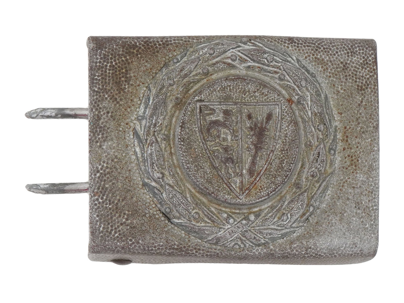 WWII NAZI GERMAN MODEL FIRE POLICE BELT BUCKLE: A WWII Nazi German model Fire Police of the Schleswig Holstein province belt buckle. The buckle is adorned with a coat of arms to the center surrounded by a wreath. Second World War Belt Buckles and M
